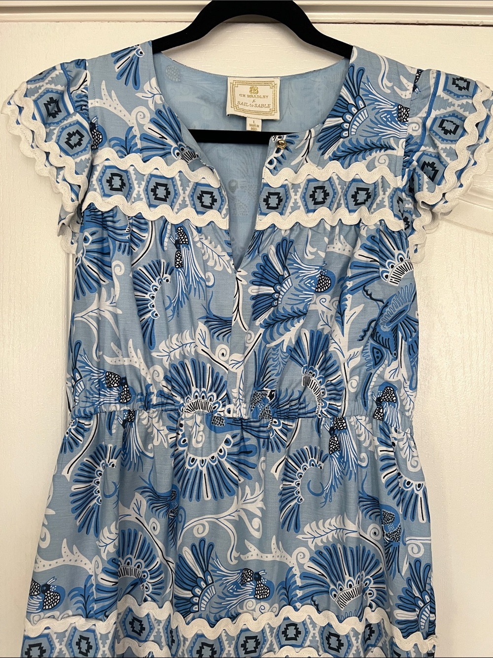 Sail to Sable Blue Floral Midi Dress with White Trim - Picture 2 of 4